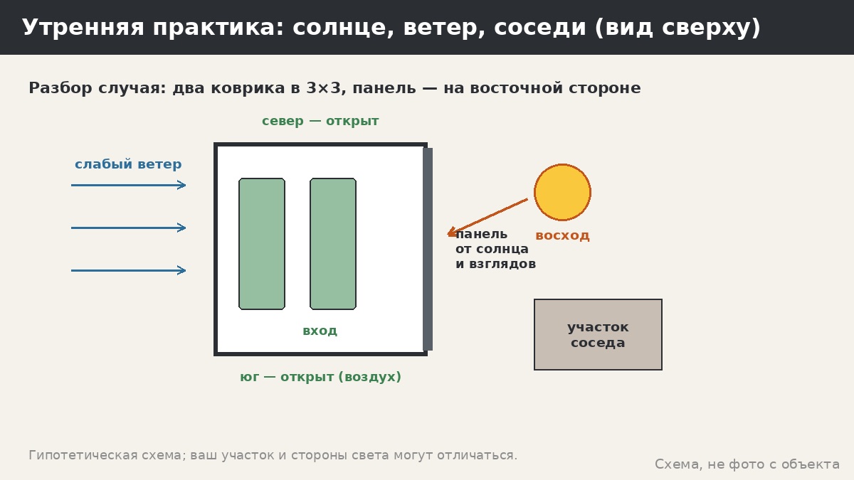 Разбор случая: два коврика в 3×3, панель на восточной стороне