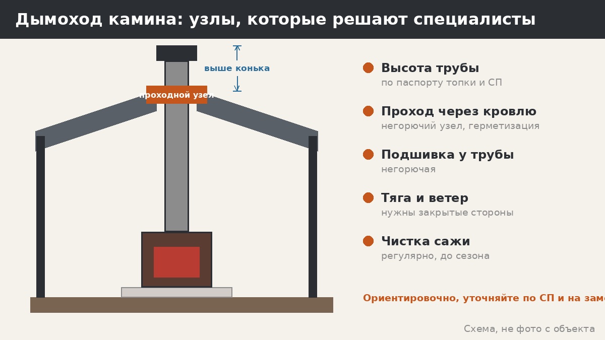 Узлы дымохода: высота трубы, проход через кровлю, подшивка, тяга, чистка