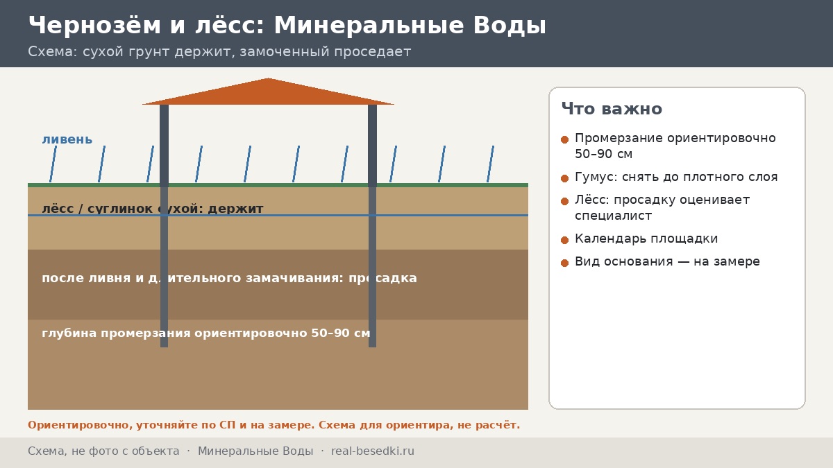 Основание в Минеральных Водах: чернозём, лёсс и размокание грунта — как готовить площадку под металлическую беседку