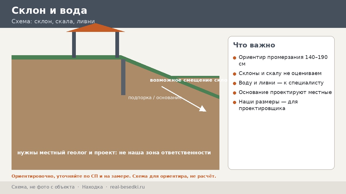 Фундамент под беседку в Находке: склоны, скала и ливни — что спросить у изыскателя и проектировщика, чтобы не переплатить и не ошибиться