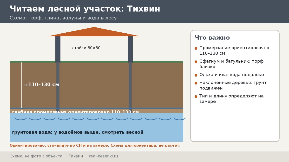 Фундамент под беседку в Тихвине: валуны, сырость, промерзание — лесной участок, где основание приходится «читать» по деревьям