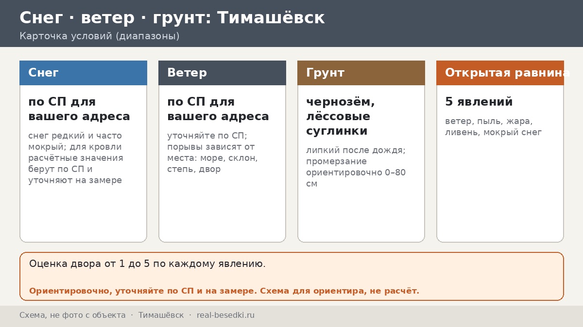 Беседка в Тимашёвске: тень, вентиляция и редкий, но мокрый снег — равнинный север края и открытый ветер