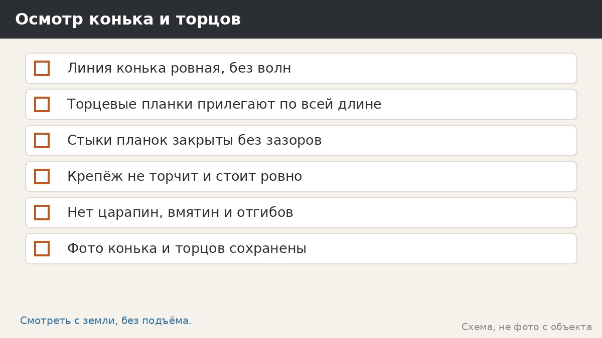 Осмотр конька и торцов