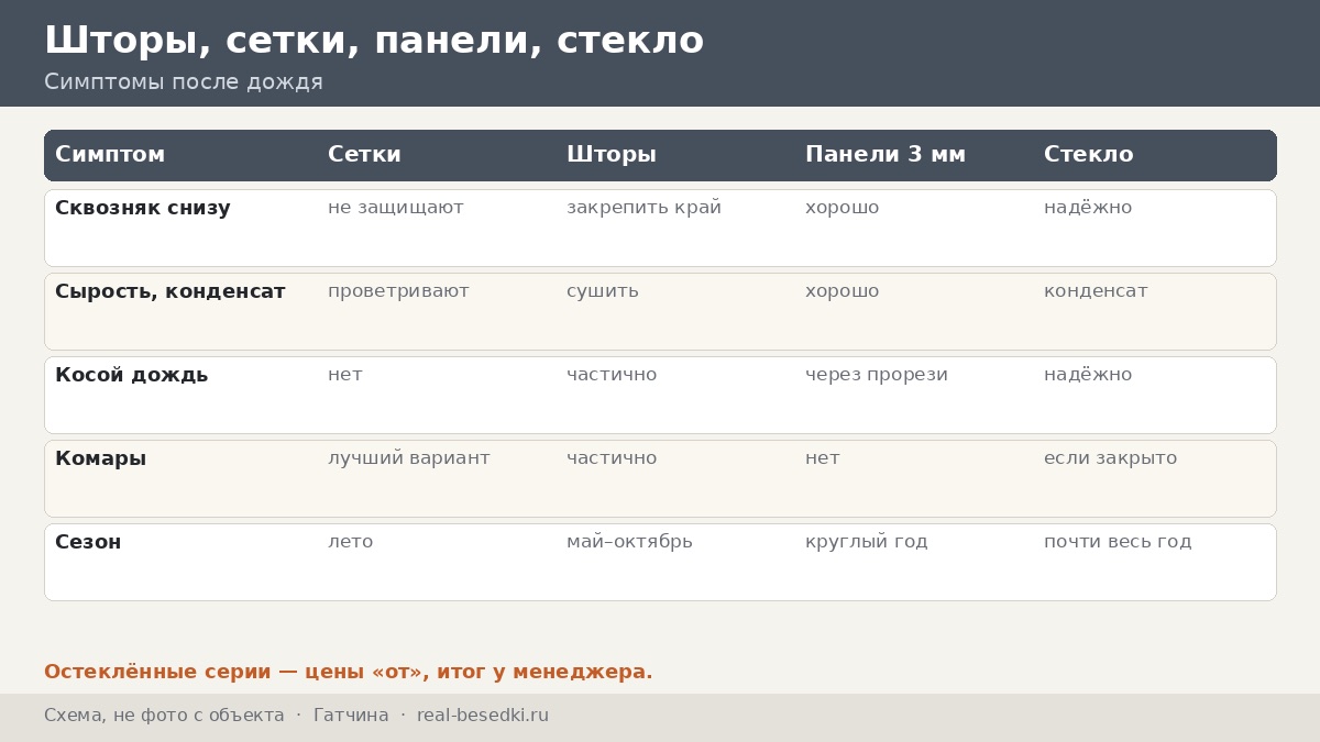 Кровля и мягкие окна в Гатчине: сырость и сквозняки — шесть вопросов «после дождя» к вашей беседке на озёрных и песчаных участках