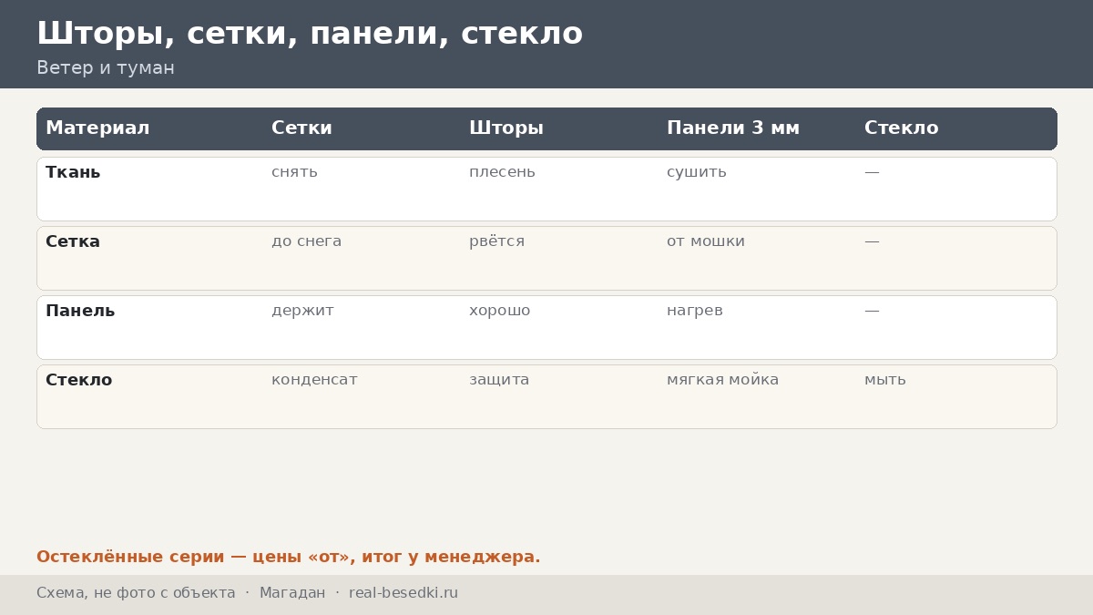 Шторы и стекло в Магадане: зимняя эксплуатация беседки — что оставить на ветру, что снять, как ухаживать за кровлей