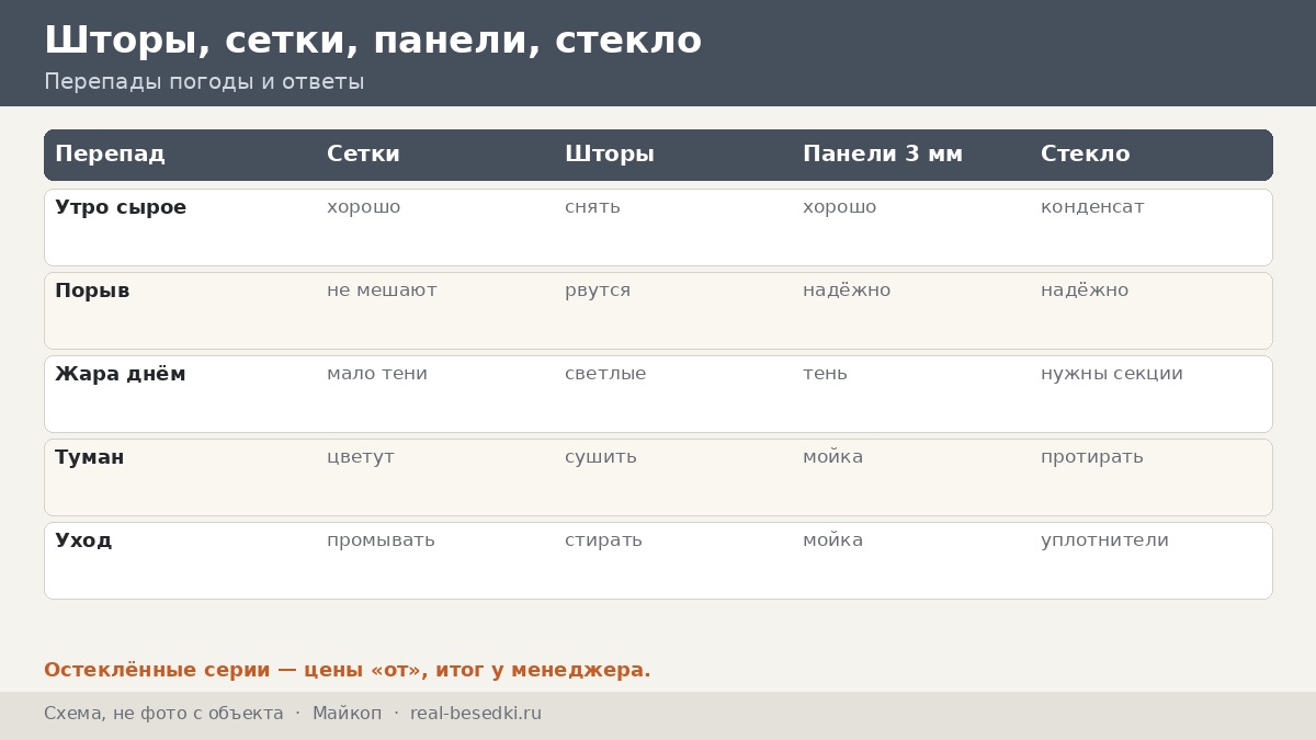 Остекление в Майкопе: порывы и резкие перепады при влажной зиме — как собрать защиту без парника