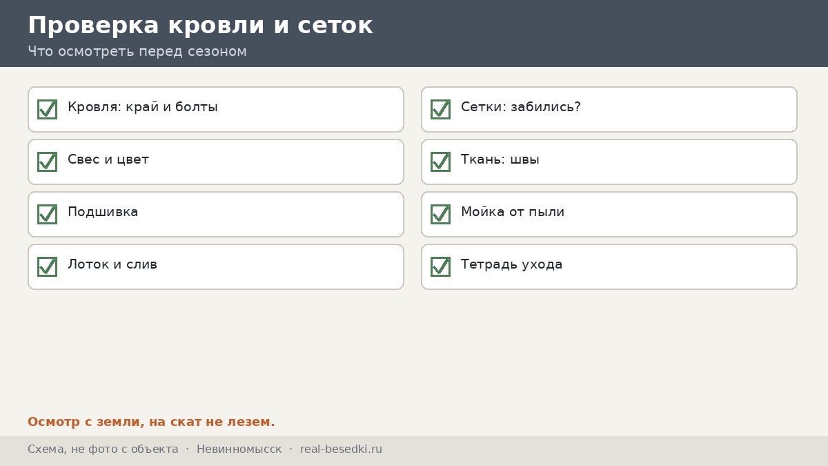 Проверка кровли, теней и сеток перед сезоном, Невинномысск
