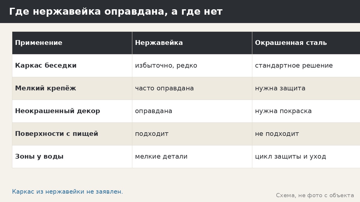 Нержавейка в беседке: где она реально нужна, а где достаточно окрашенной стали