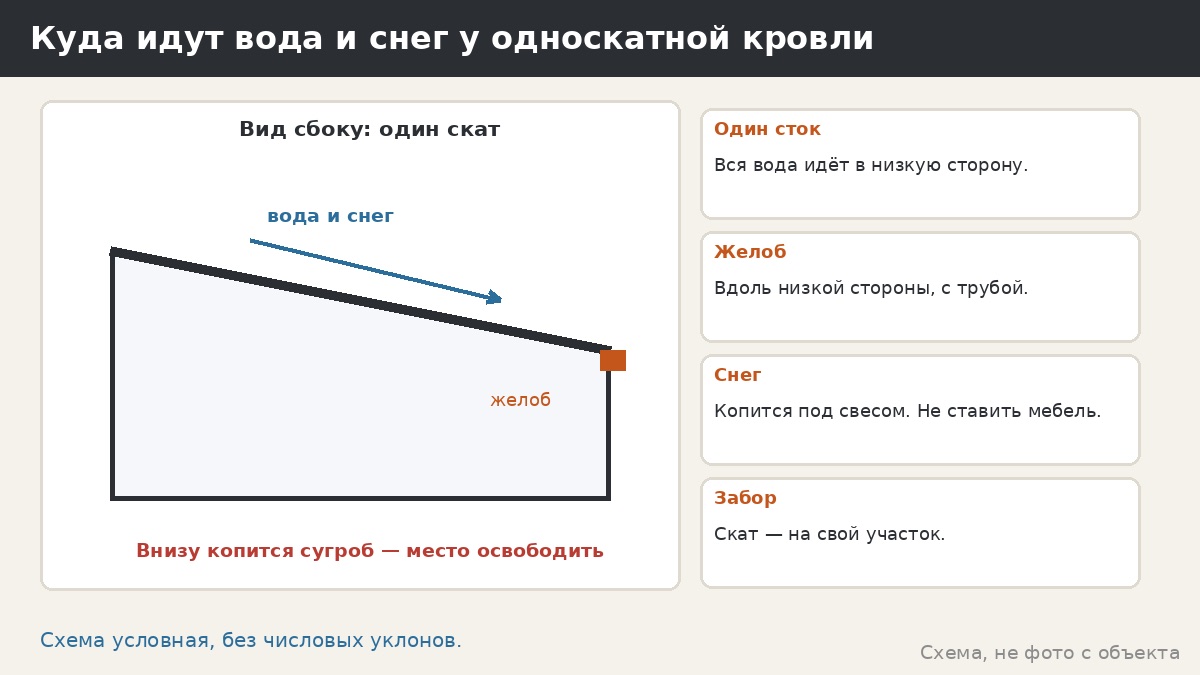 Куда идут вода и снег у односкатной кровли