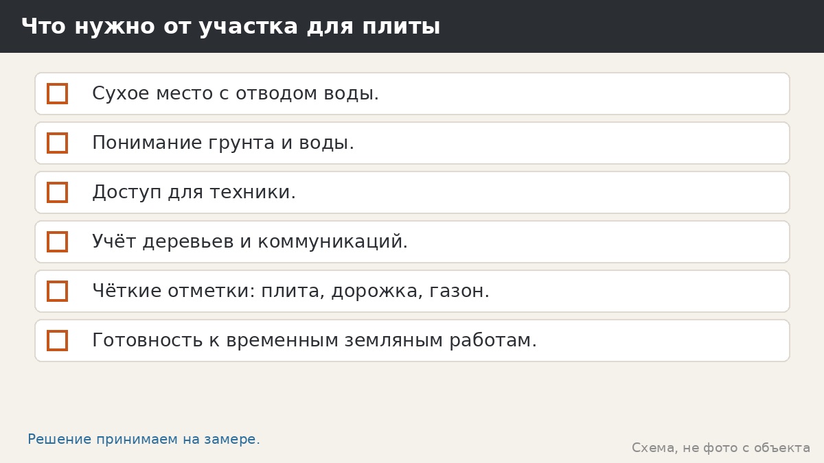 Что нужно от участка для плиты