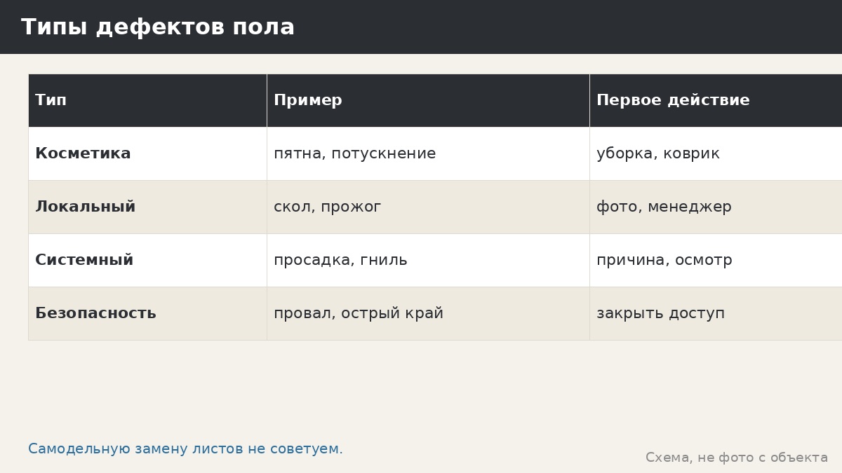 Типы дефектов пола и первое действие