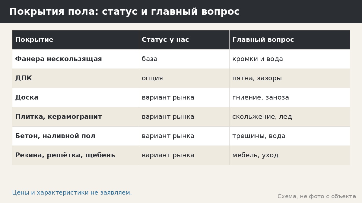 Сравнение покрытий пола беседки таблицей: фанера, ДПК и варианты рынка