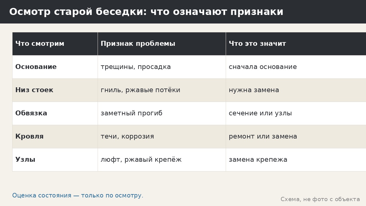 Как усилить старую беседку металлическим каркасом: варианты, риски и когда лучше заменить целиком